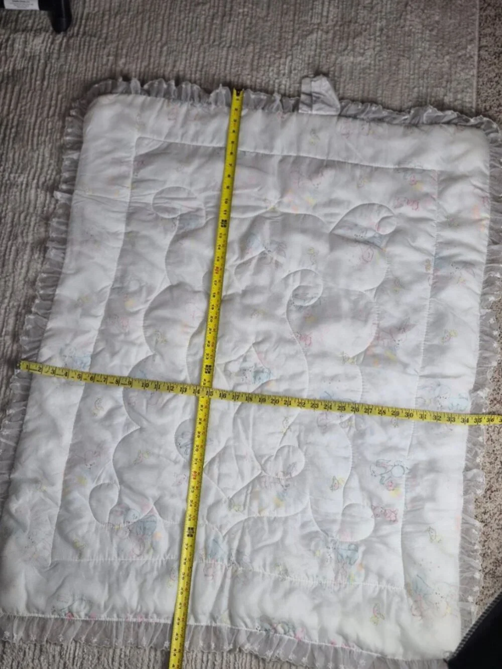 Vintage Sears Satin Quilted Baby Comforter Blanket Sheer Lace Trim Bunny Graphic